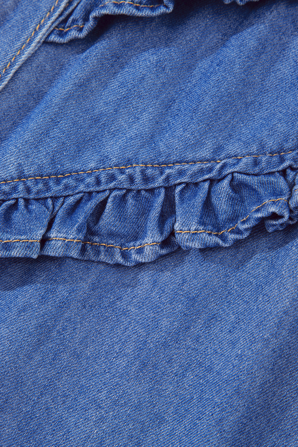 Sky Blue Mineral Wash Cap Sleeve Frilled Button Up Denim Shirt