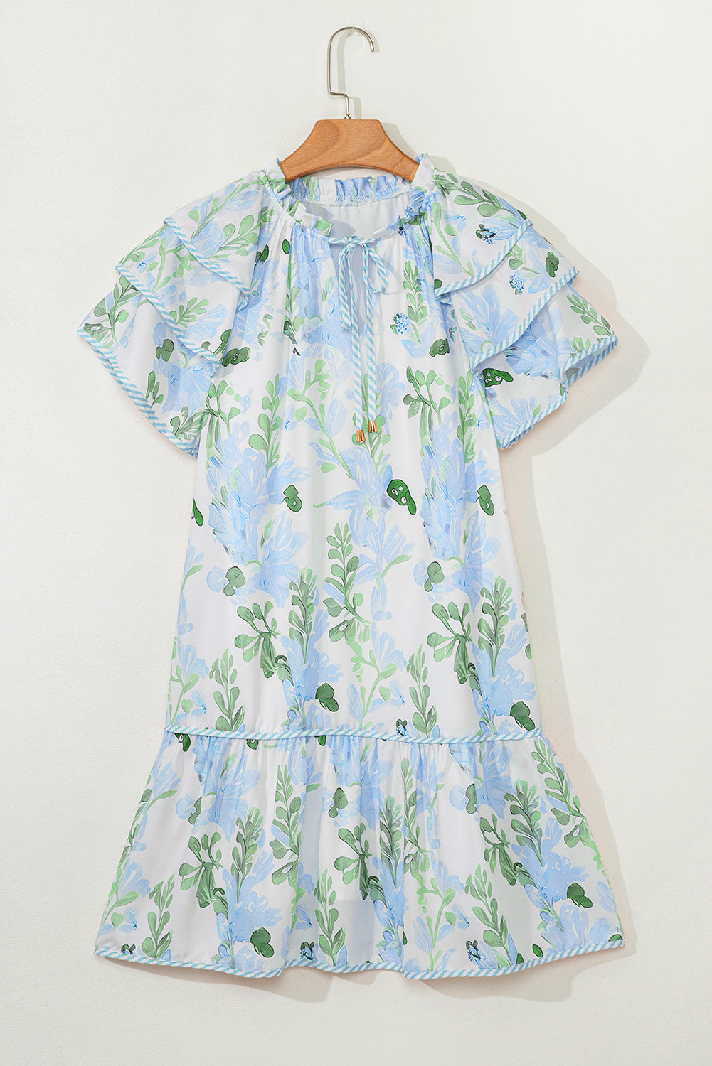 Sky Blue Floral Contrast Edge Layered Short Sleeve Mini Dress