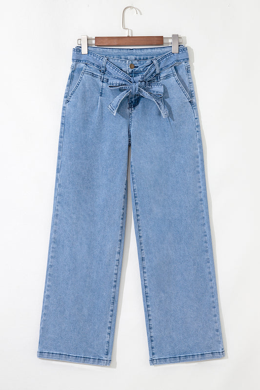 Beau Blue Western Washed Bow Knot Sash Wide Leg Jeans