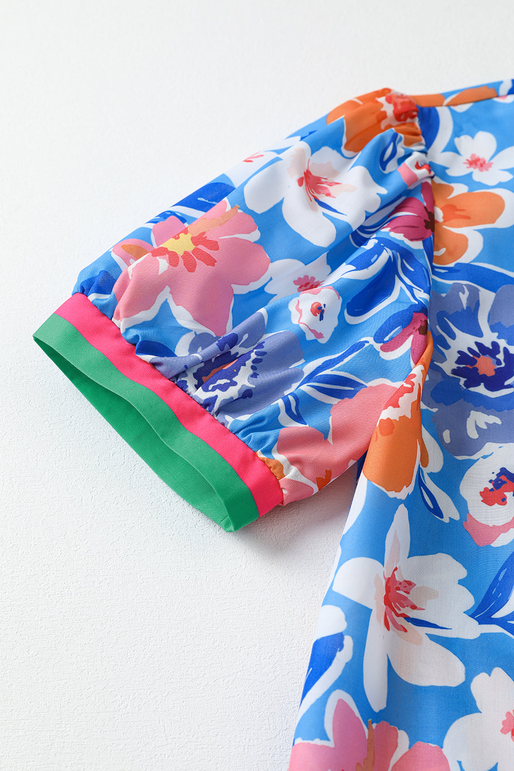 Sky Blue Floral Colorblock Edge Puff Sleeve Split Neck Blouse