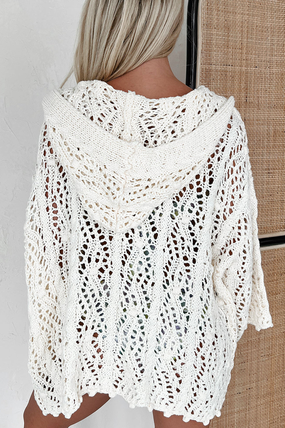 White Fashion Open Knit Hooded Beach Cover Up