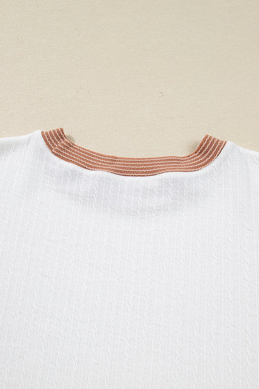 White Cable Texture Ribbed Color Block Plus Size Knit Top