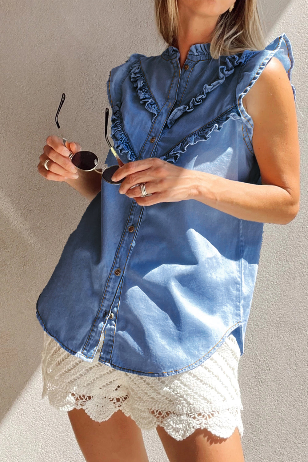 Sky Blue Mineral Wash Cap Sleeve Frilled Button Up Denim Shirt