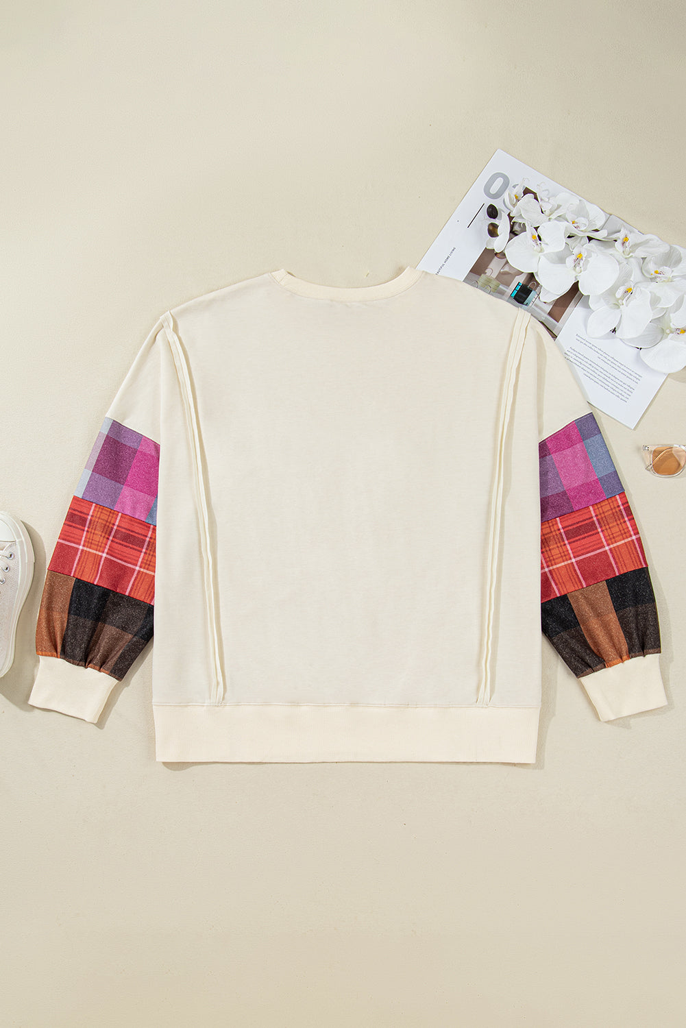 Beige Plus Size Multicolor Plaid Patchwork Sleeve Pullover Top