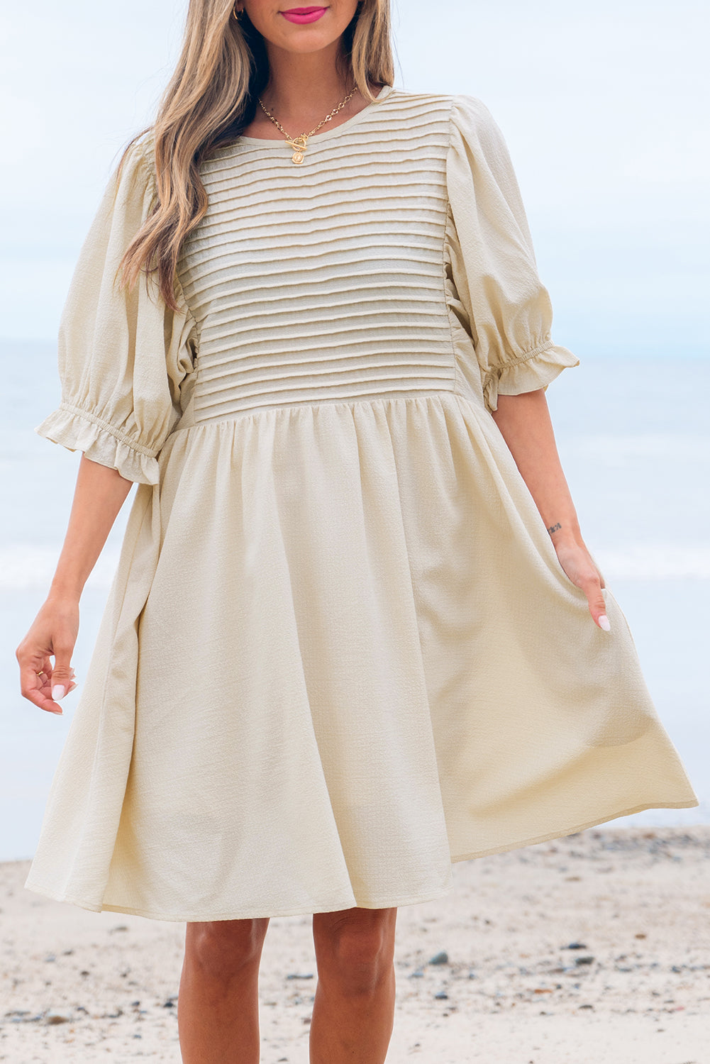 White Textured Ruffled Puff Sleeve Loose Dress