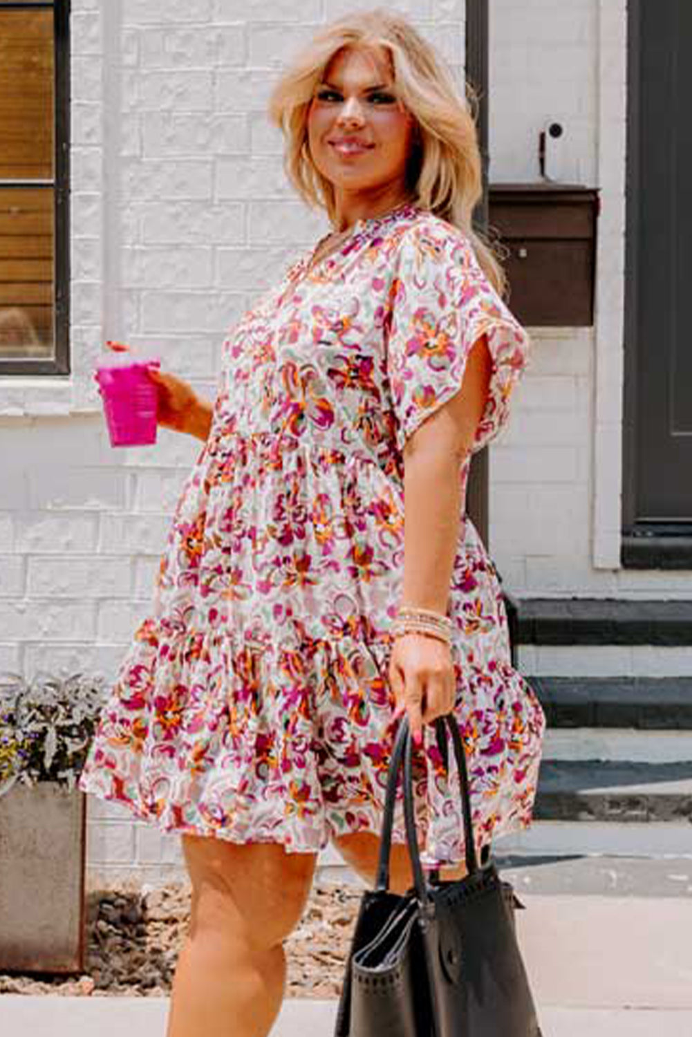 White Abstract Print V Neck Short Sleeve Ruffled Plus Size Mini Dress