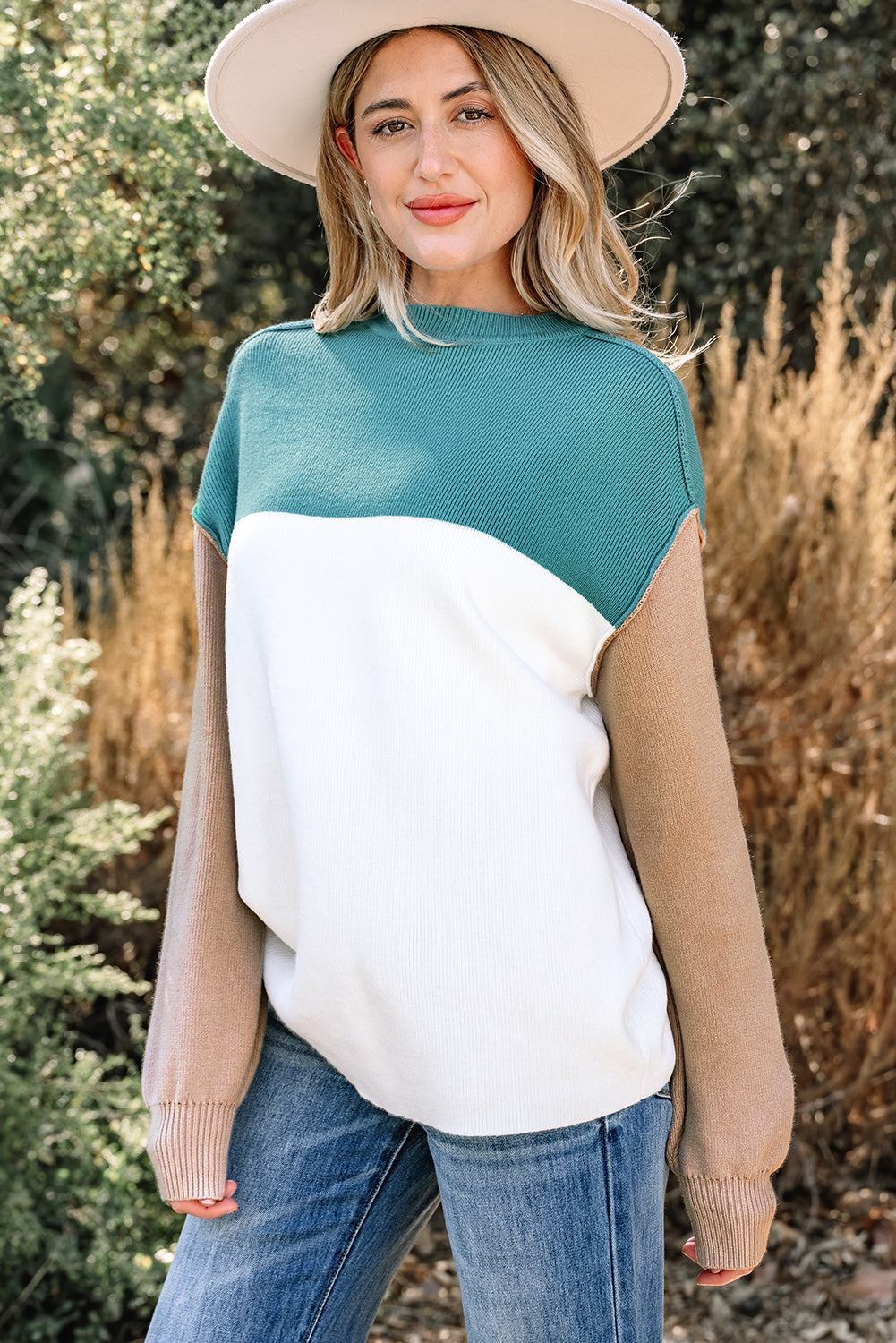 Green Color Block Plain Ribbed Knit Baggy Sweater