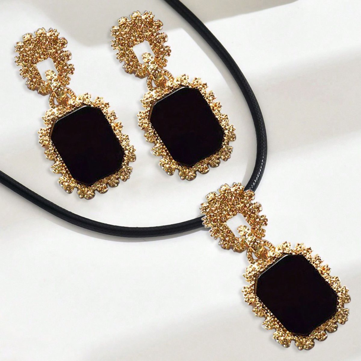 Elegant 14K Gold Plated Black Onyx Statement  Jewelry Set - Necklace And Earrings