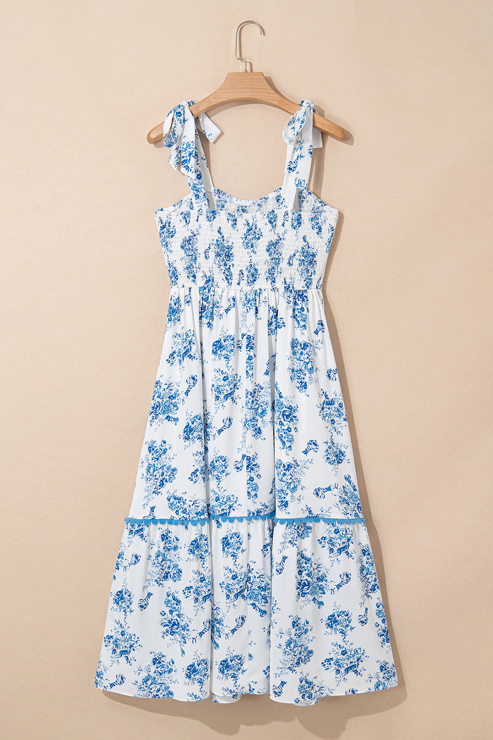 Sky Blue Floral Print Shirred Knot Shoulder Sleeveless Long Dress