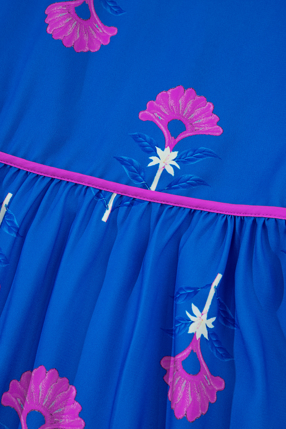 Blue Floral Print Notched Neck Butterfly Sleeve Shift Long Dress