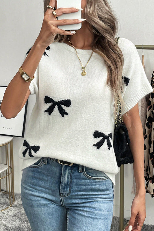 White Bow Pattern Knit Short Sleeve Sweater