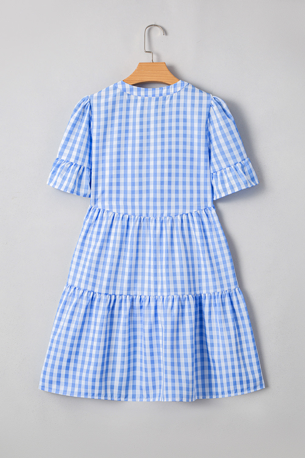 Sky Blue Gingham Short Sleeve Button Tie Split Neck Loose Mini Dress