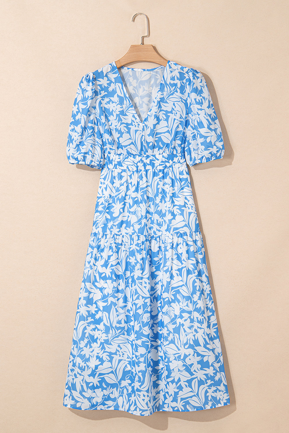 Sky Blue Floral V Neck Puff Short Sleeve Flowy Long Dress
