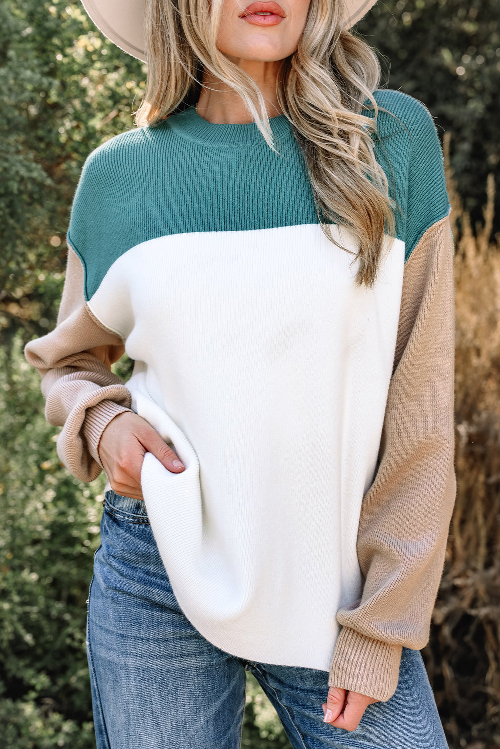 Green Color Block Plain Ribbed Knit Baggy Sweater