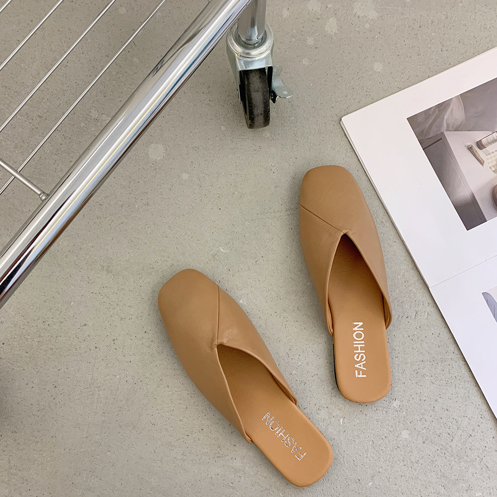 Square Toe Cap Half Slippers Women's Flat Plus Size Sandals