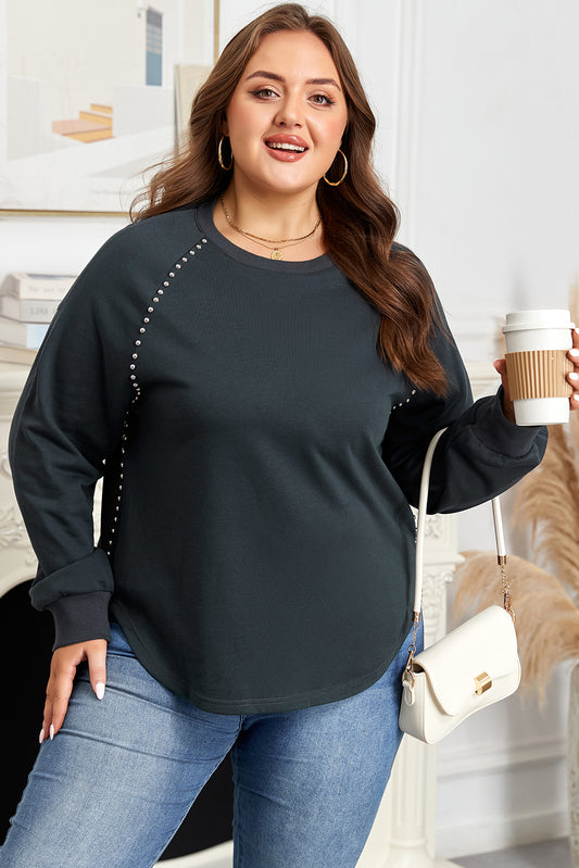 Black Studded Decor Ribbed Edge Mineral Wash Plus Size Jumper
