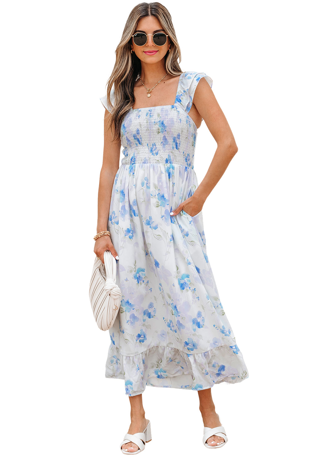Sky Blue Floral Smocked High Waist Double Ruffle Sleeveless Long Dress