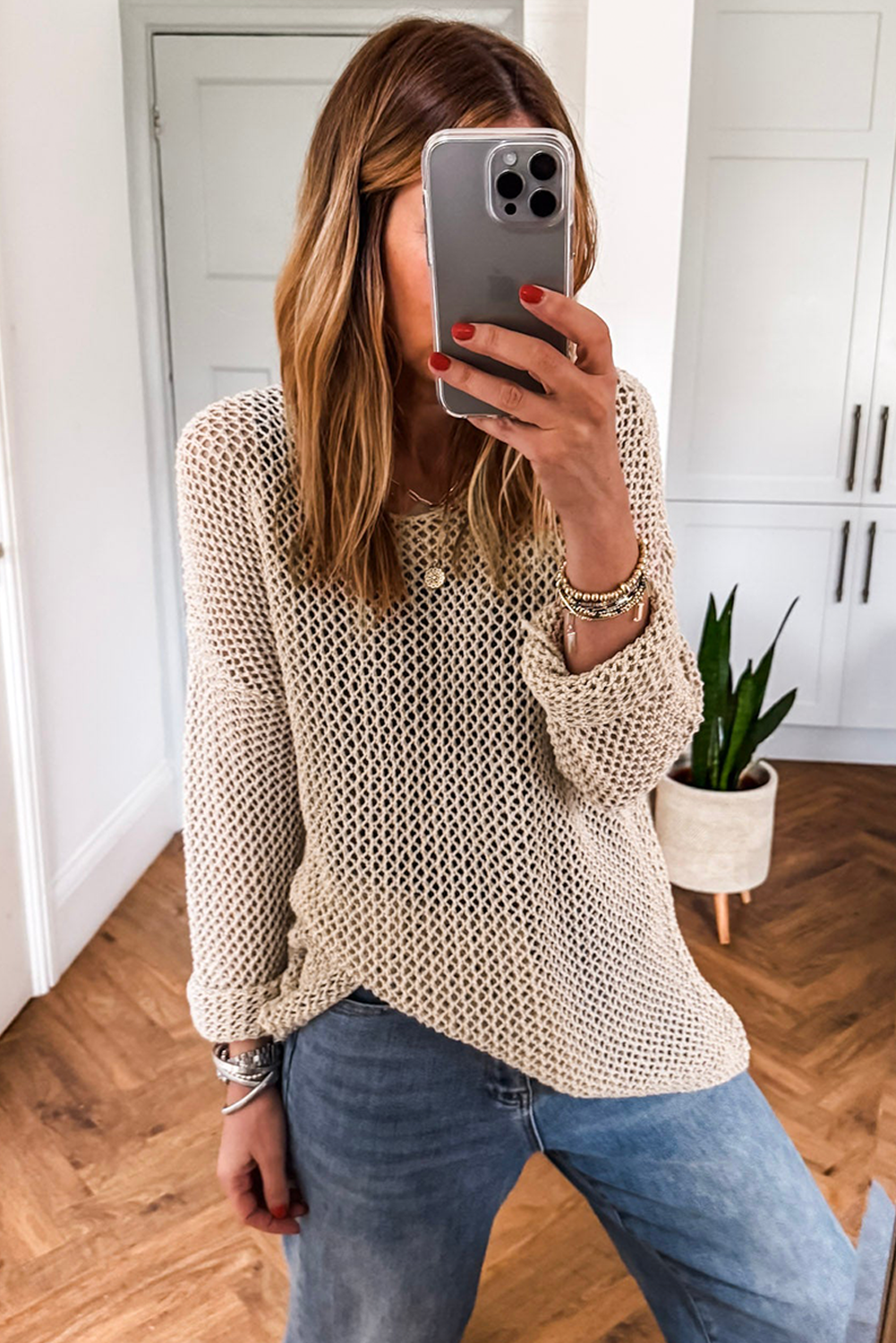 Smoke Gray Crochet Hollow-out Jumper Top Sweater