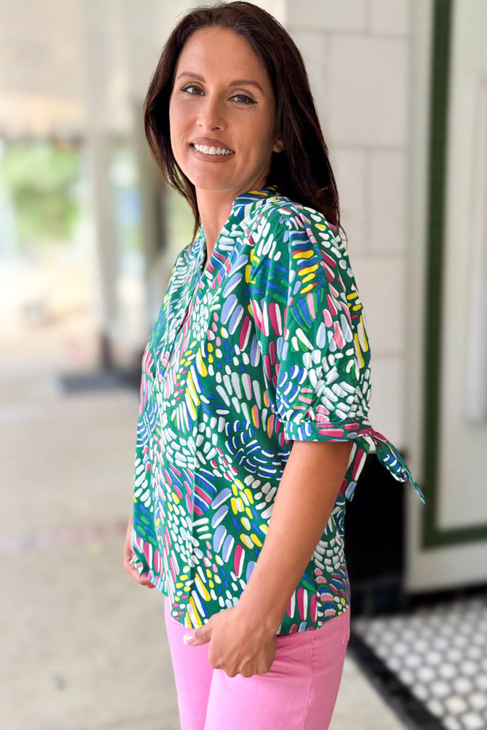 Green Abstract Print Knotted Short Sleeve Plus Size Blouse