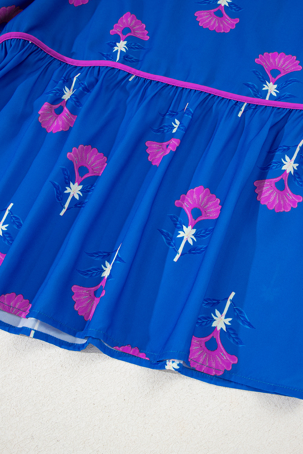 Blue Floral Print Notched Neck Butterfly Sleeve Shift Long Dress