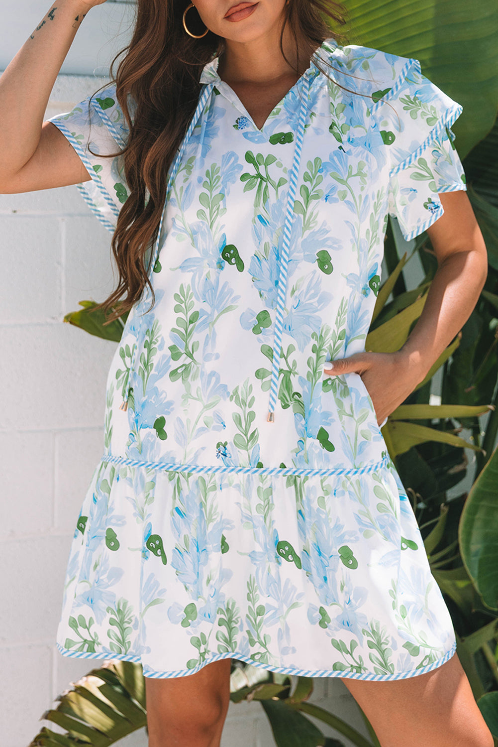Sky Blue Floral Contrast Edge Layered Short Sleeve Mini Dress