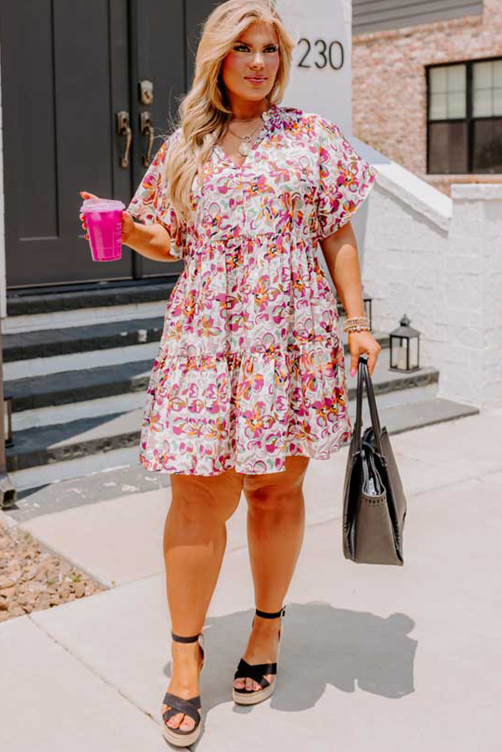 White Abstract Print V Neck Short Sleeve Ruffled Plus Size Mini Dress