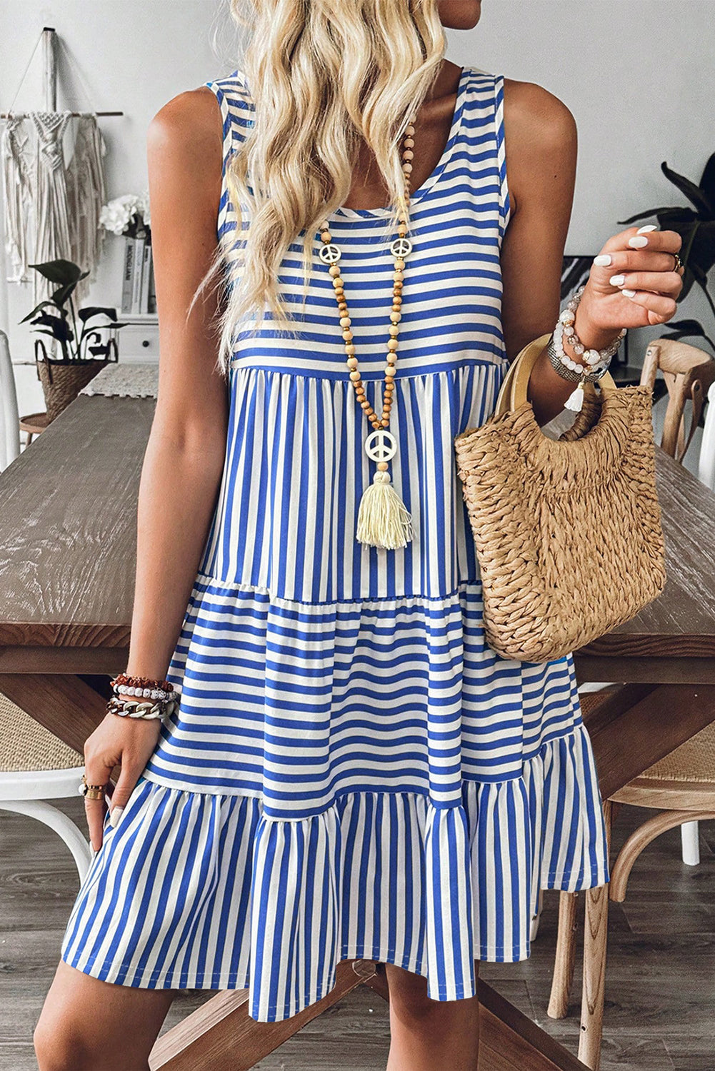 Sky Blue Stripe U Neck Sleeveless Loose Fit Mini Dress