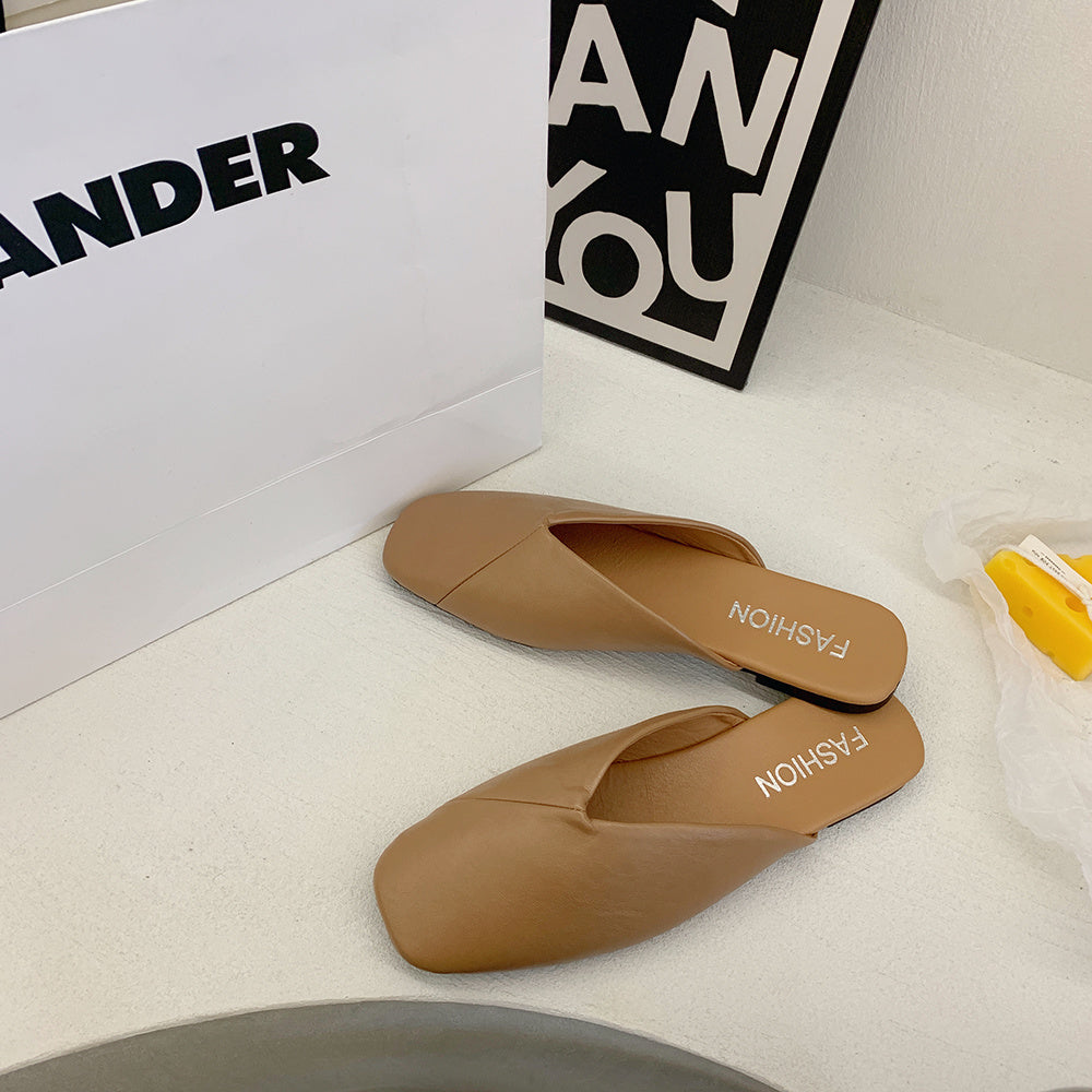 Square Toe Cap Half Slippers Women's Flat Plus Size Sandals