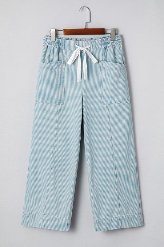 Sky Blue Stripe Mid Rise Drawstring Waist Jeans