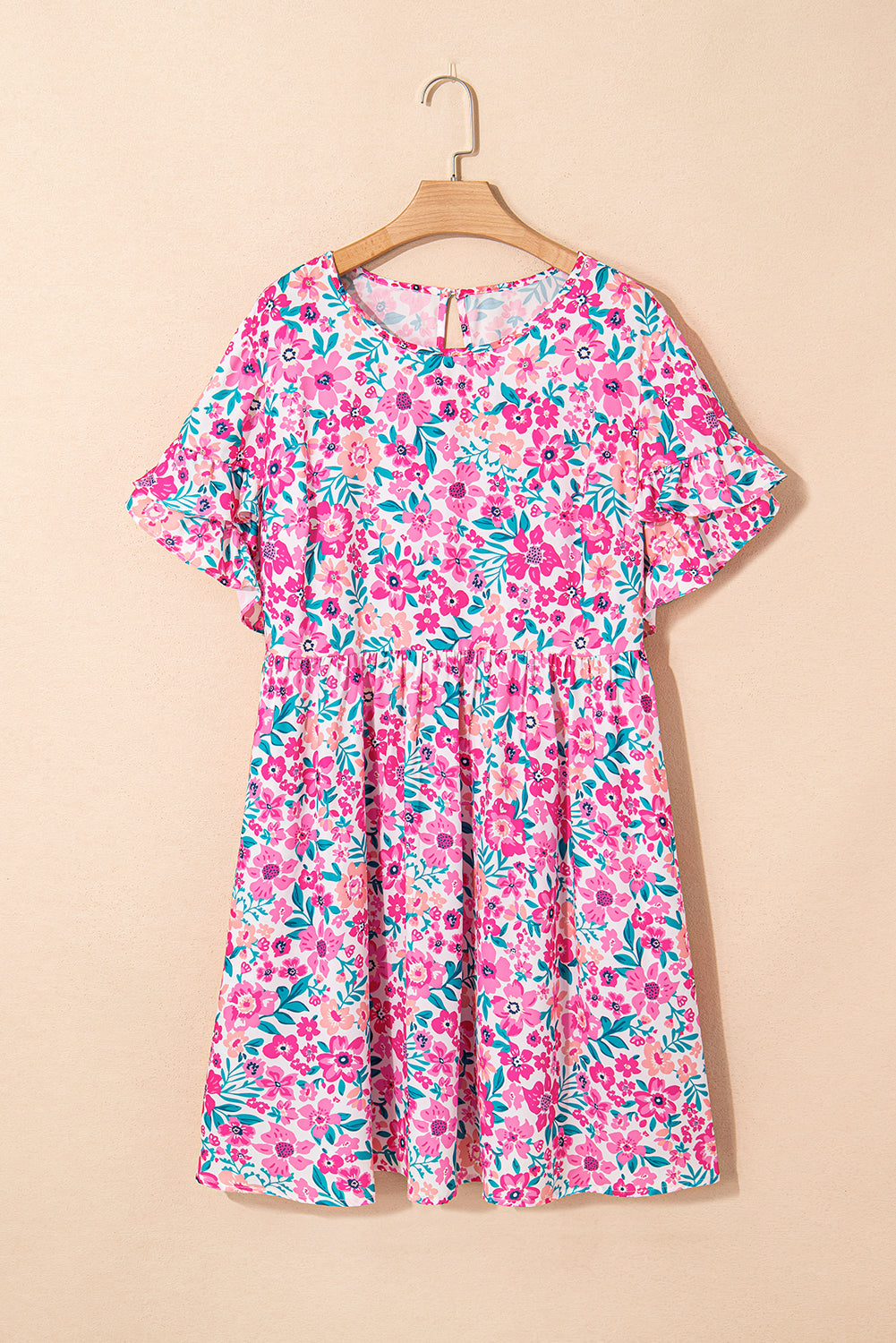 White Plus Size Floral Print Frilled Short Sleeve Flare Dress