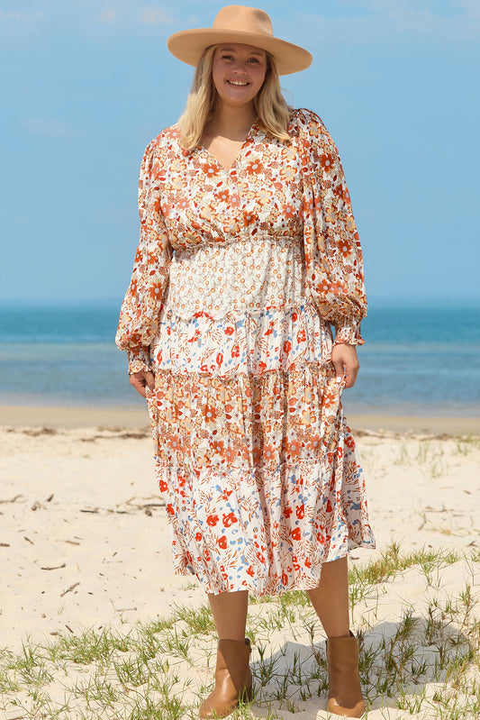 Khaki Plus Size Floral Tiered Ruffle Maxi Dress