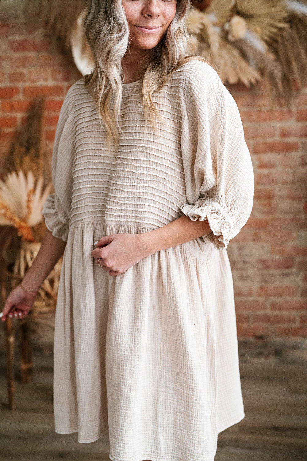 White Textured Ruffled Puff Sleeve Loose Dress