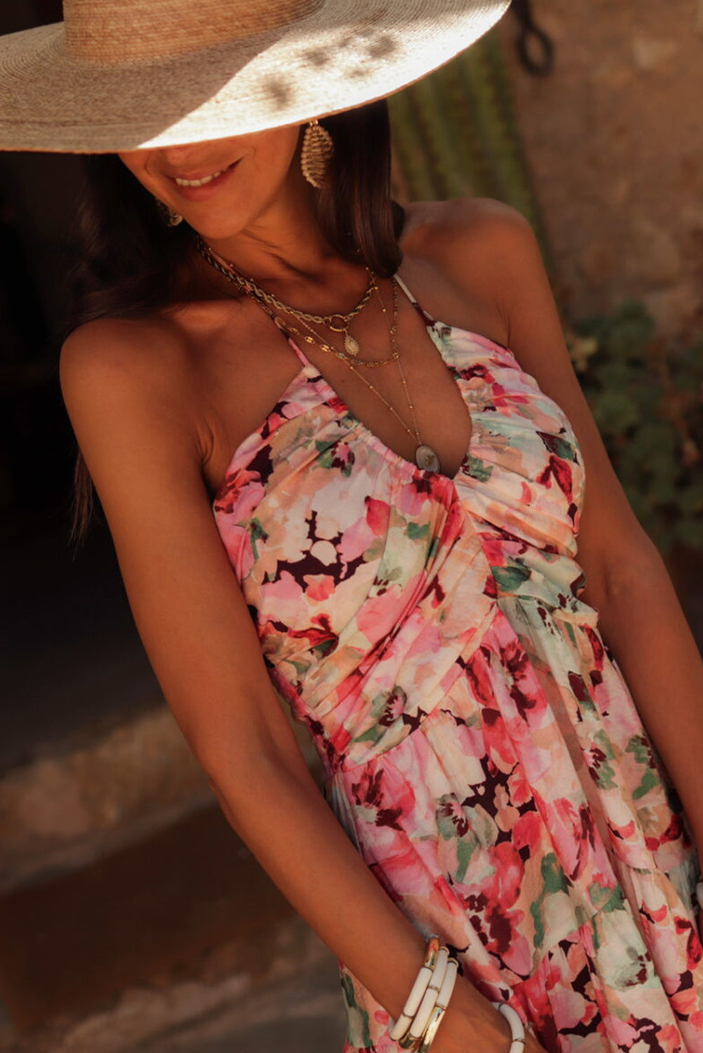 Pink Floral Sleeveless Halter Neck Shirred Back Ruffled Mini Dress