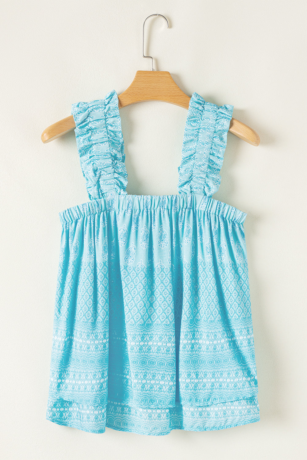 Sky Blue Tribal Pattern Print Ruffled Wide Straps Loose Tank Top