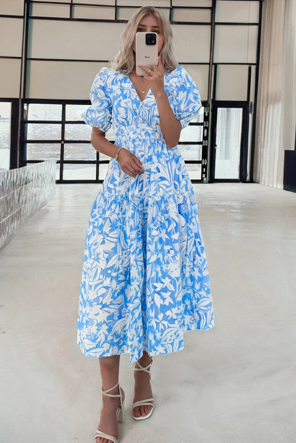Sky Blue Floral V Neck Puff Short Sleeve Flowy Long Dress