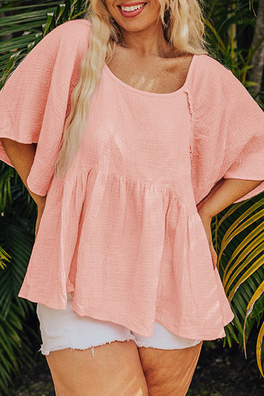 Apricot Pink Plus Size Textured Wide Short Sleeve Babydoll Blouse