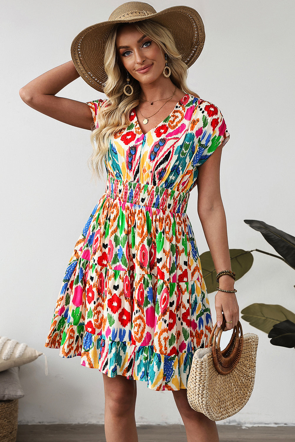 Sky Blue Abstract Print V Neck Dolman Sleeve Ruffle Tiered Mini Dress