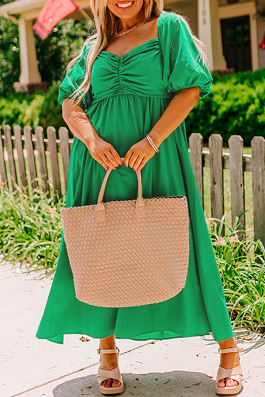 Bright Green Ruched Front Puff Sleeve Plus Size Long Dress