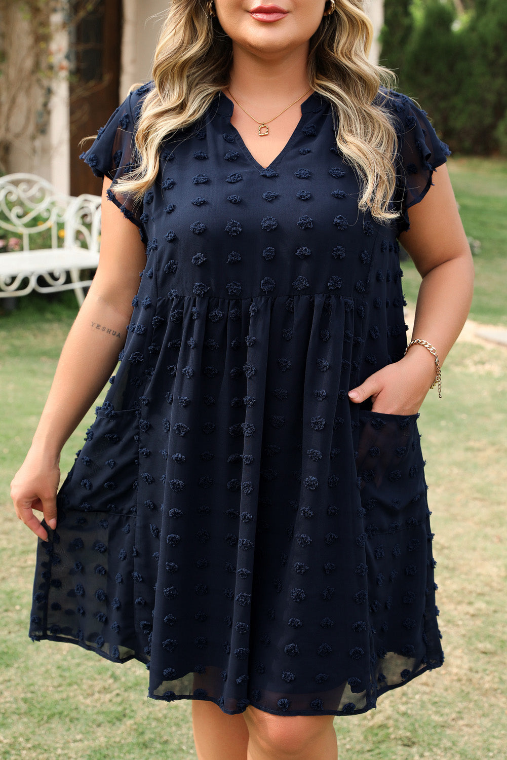 Navy Blue Dotty Textured Notched Neck Plus Ruffled Dress