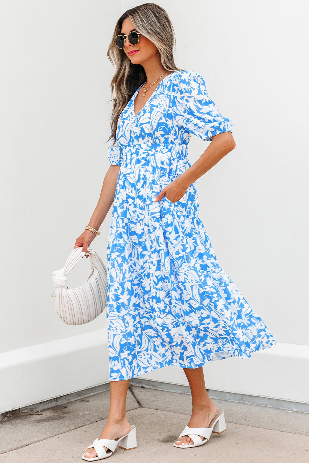 Sky Blue Floral V Neck Puff Short Sleeve Flowy Long Dress