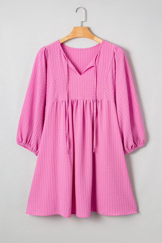 Sachet Pink Plus Size Textured Tie Split Neck Puff Sleeve Flowy Mini Dress