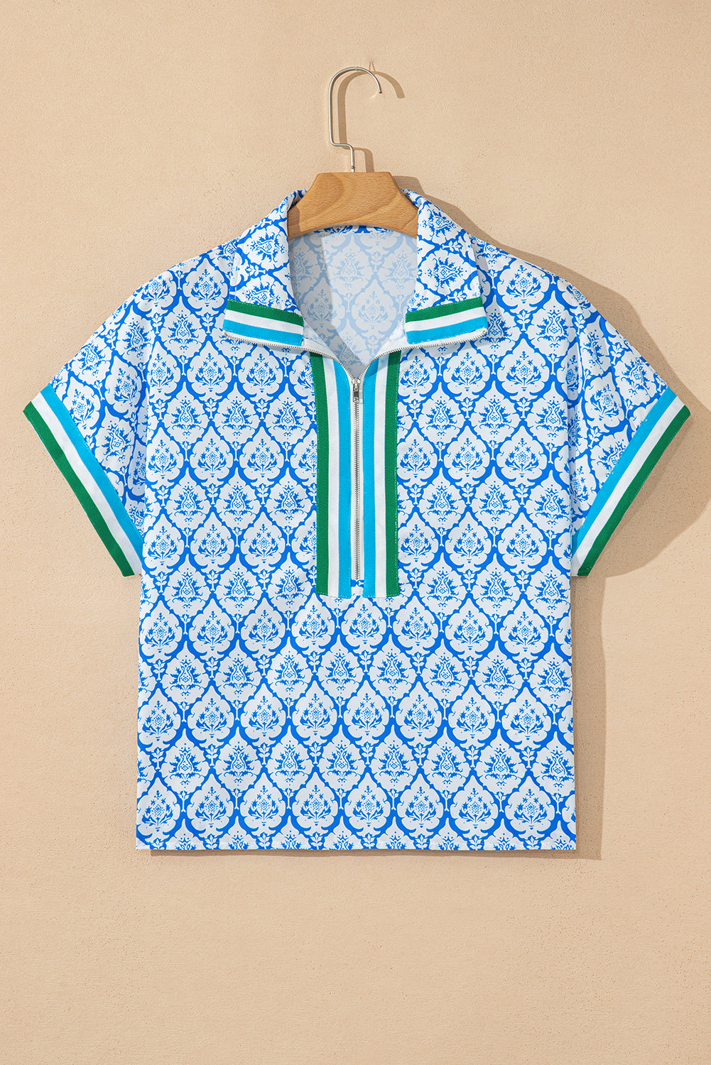 Sky Blue Western Print Zipped Collar Short Sleeve Summer Blouse Top