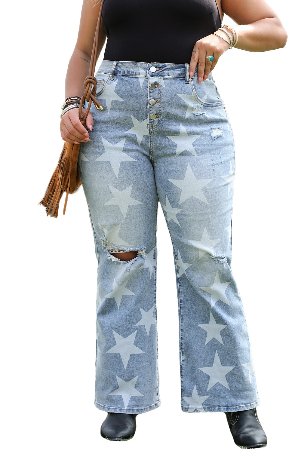 Sky Blue Star Printed Multi Buttons Slit Knee Destroyed Plus Size Jeans