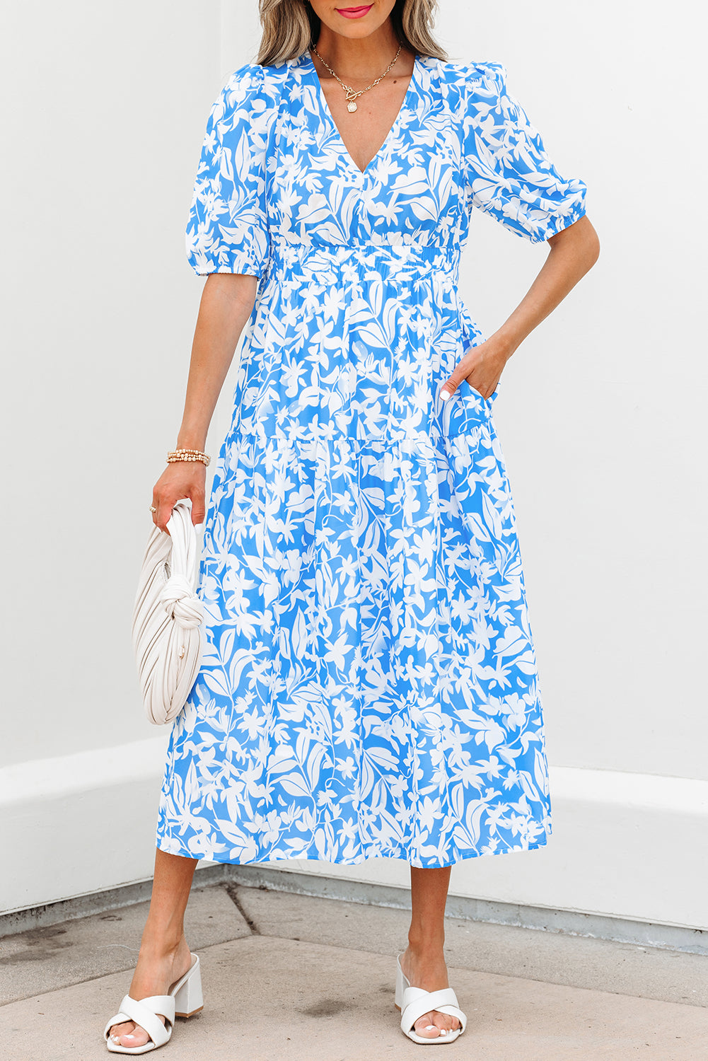 Sky Blue Floral V Neck Puff Short Sleeve Flowy Long Dress