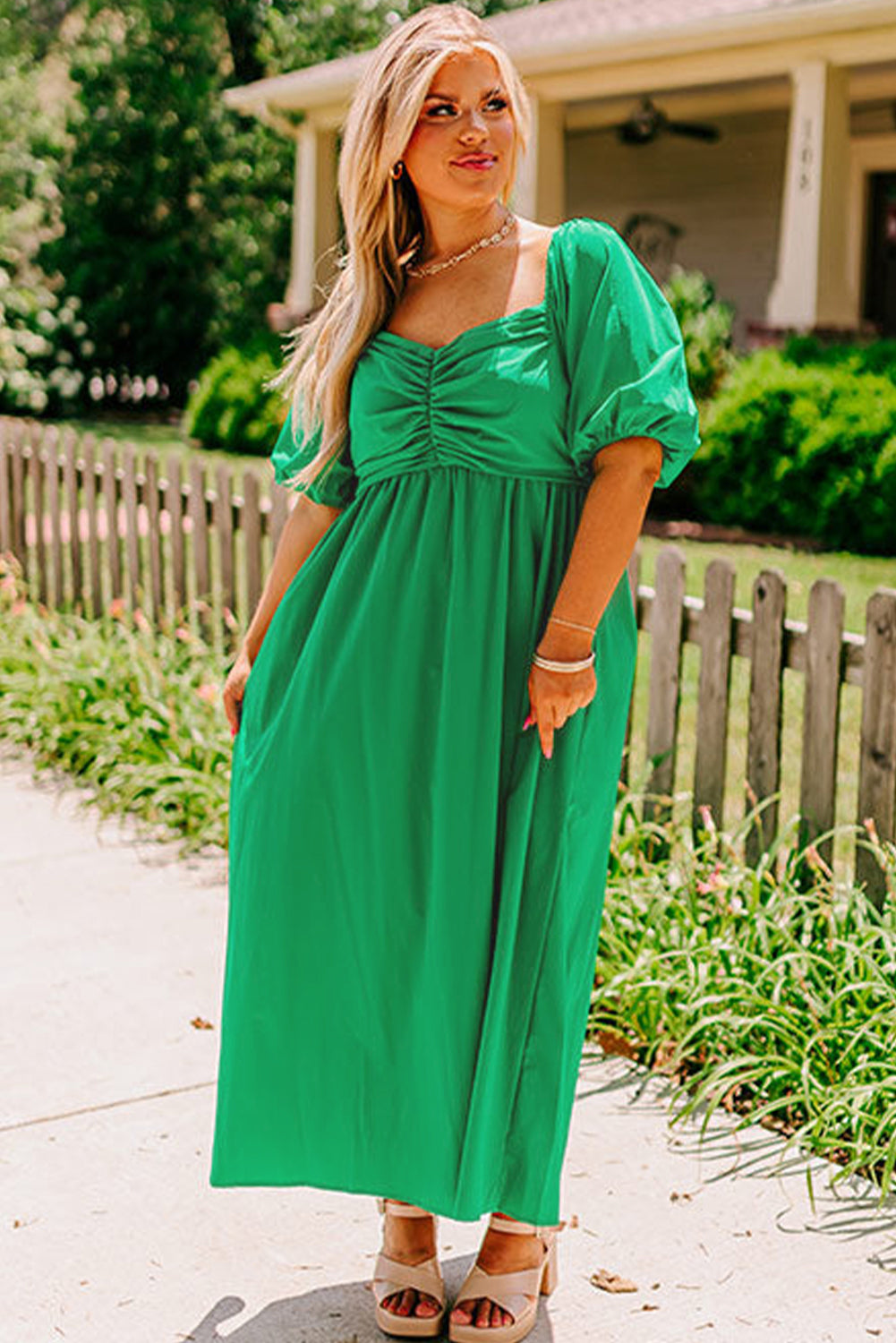 Bright Green Ruched Front Puff Sleeve Plus Size Long Dress