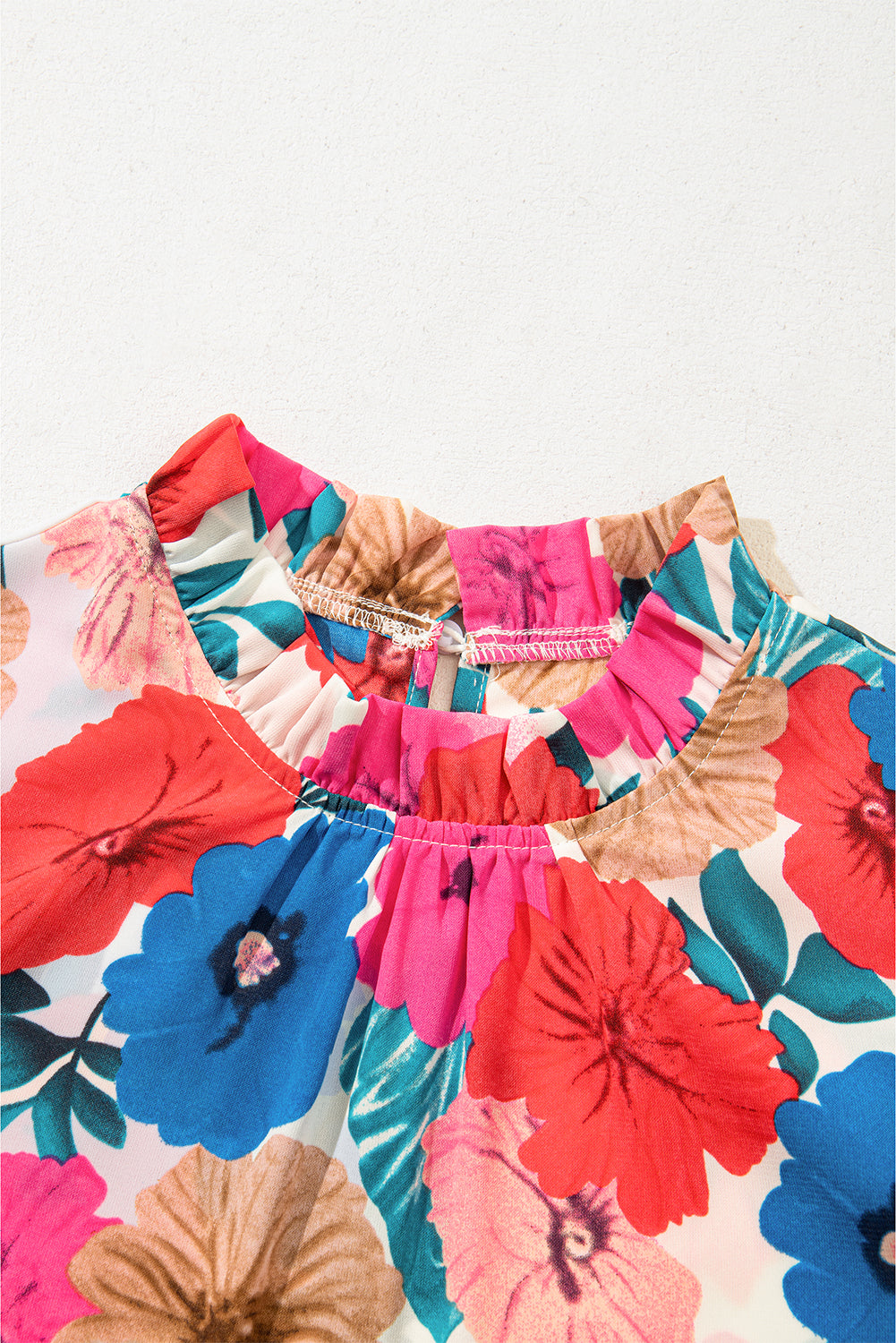 Sky Blue Floral Mock Neck Striped Flutter Sleeve Blouse