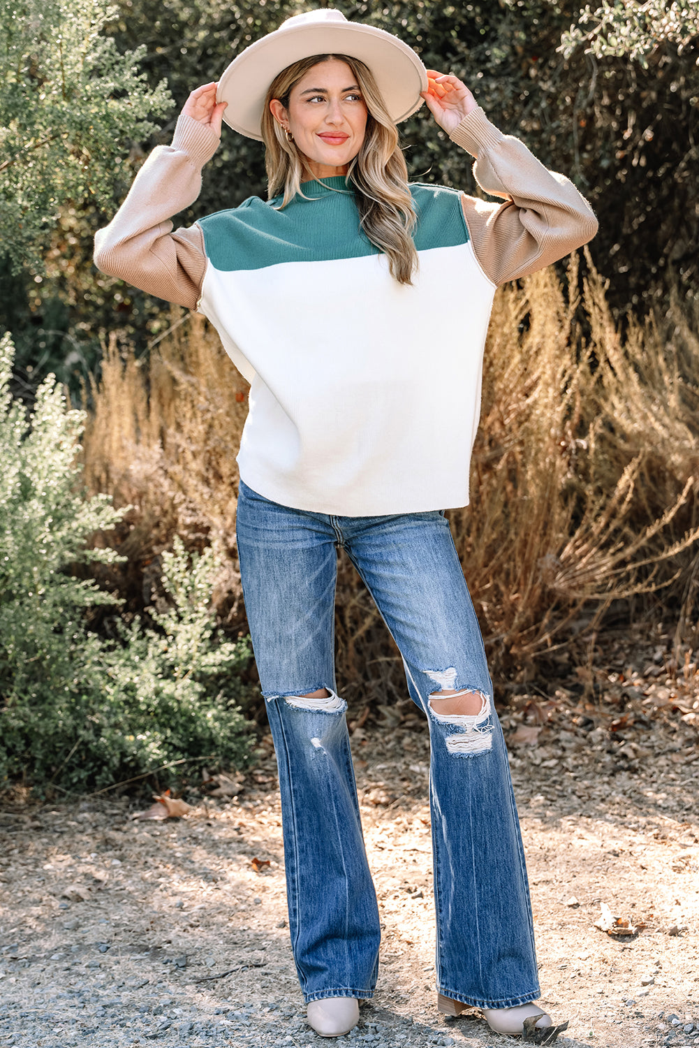 Green Color Block Plain Ribbed Knit Baggy Sweater