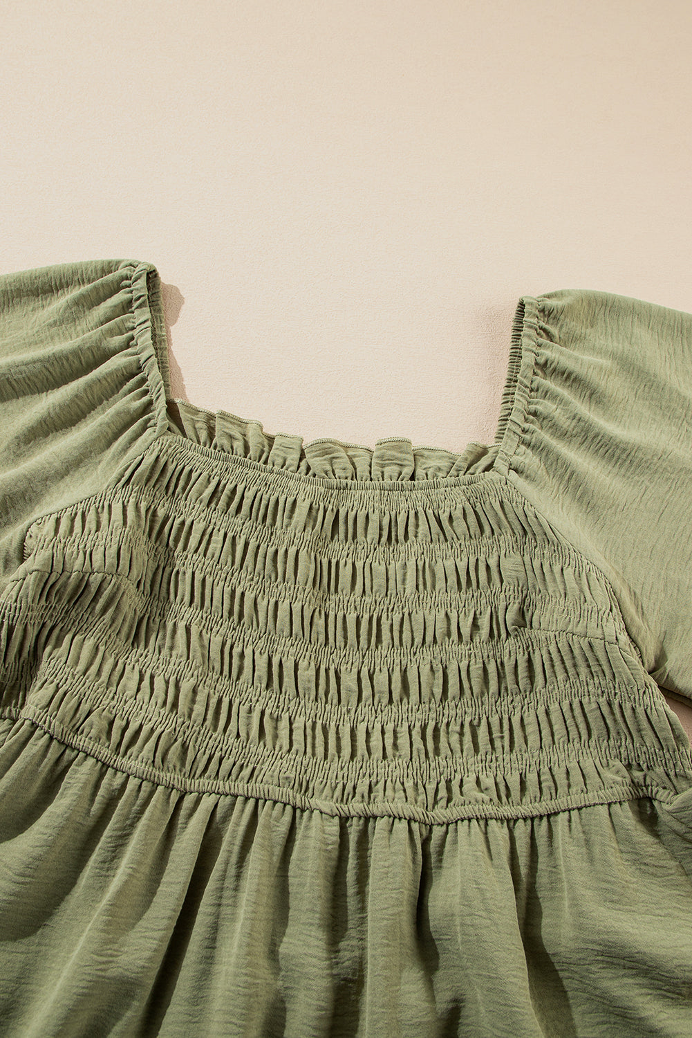 Grass Green Frilly Square Neck Flutter Sleeve Smocked High Waist Plus Size Dress