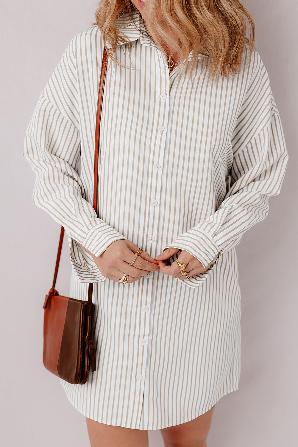 Khaki Stripe Long Sleeve Button Up Mini Shirt Dress