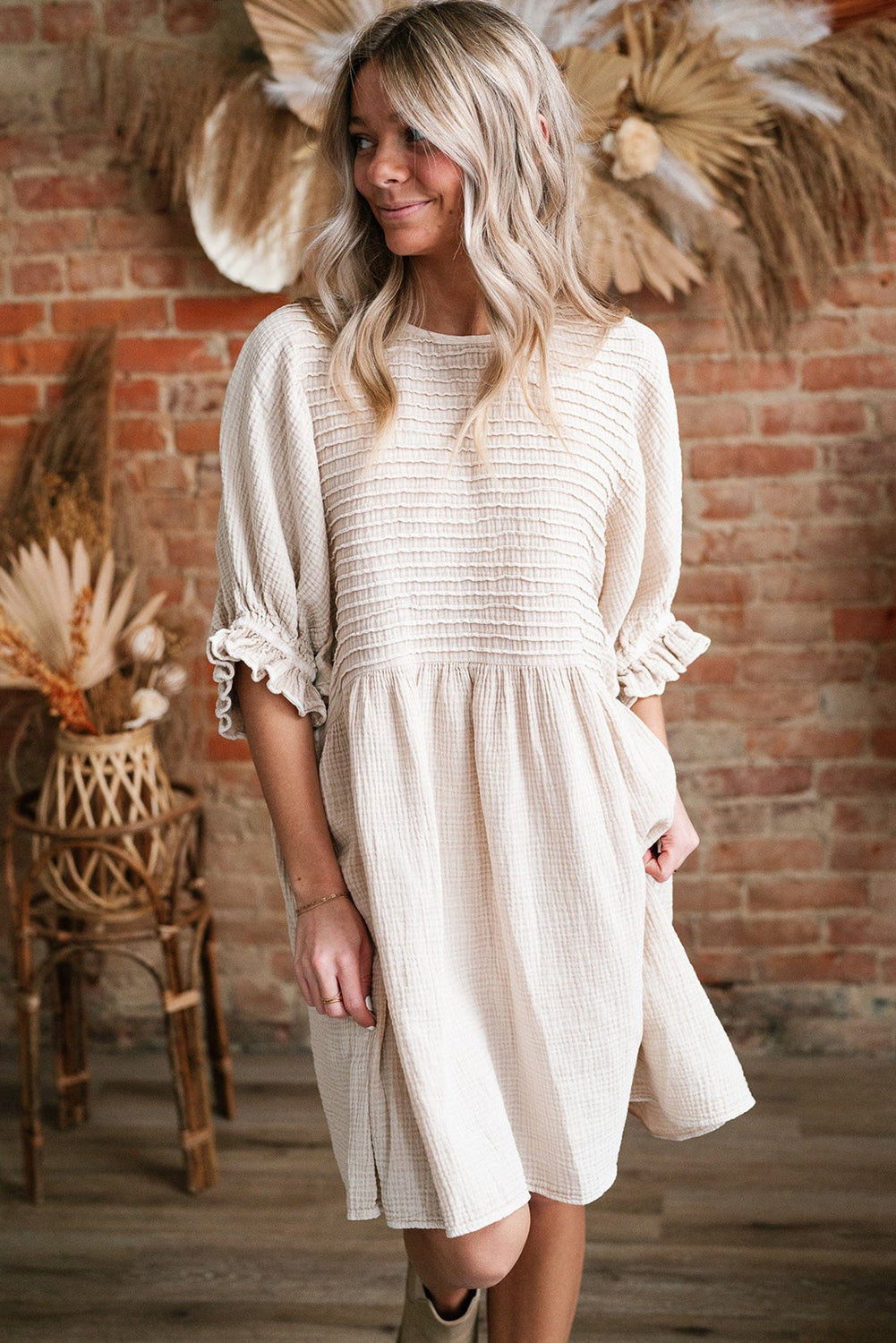 White Textured Ruffled Puff Sleeve Loose Dress
